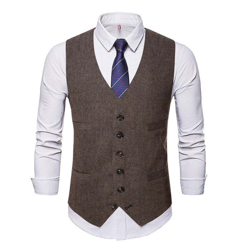 Foruwish - Single-breasted V-neck Vest Men's Suit Solid Color British Style Vest