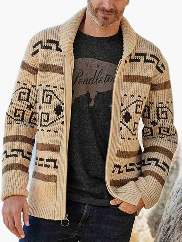 Foruwish - Western Wear Aztec Print Men Zipper Knitted Warm Casual Knitwear Cardigan