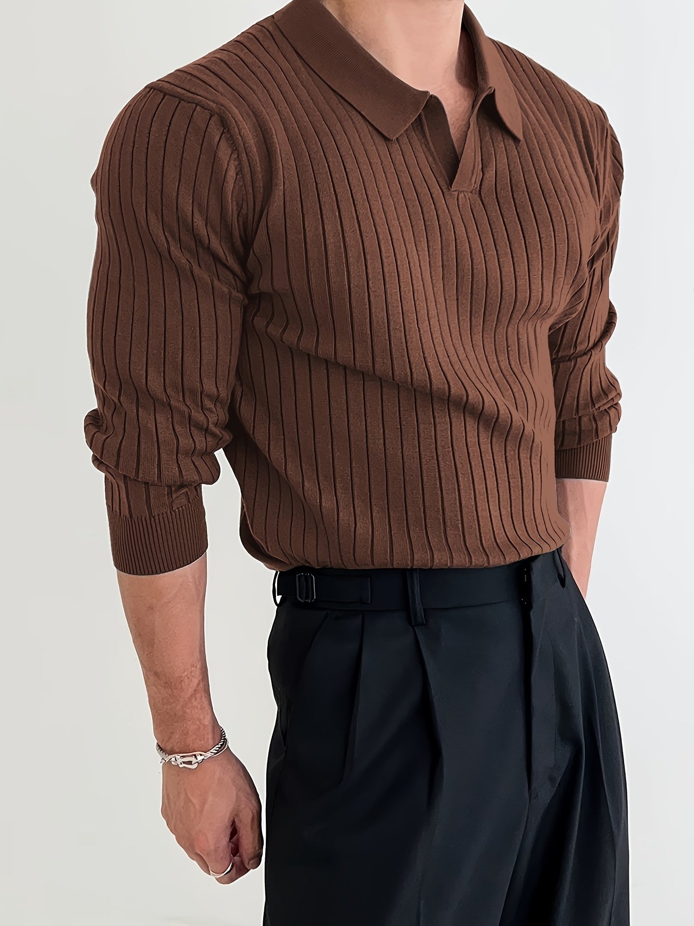 Foruwish - Solid Chic Knit Shirt, Men's Casual Lapel Slightly Stretch V-Neck Pullover Sweater For Autumn Winter