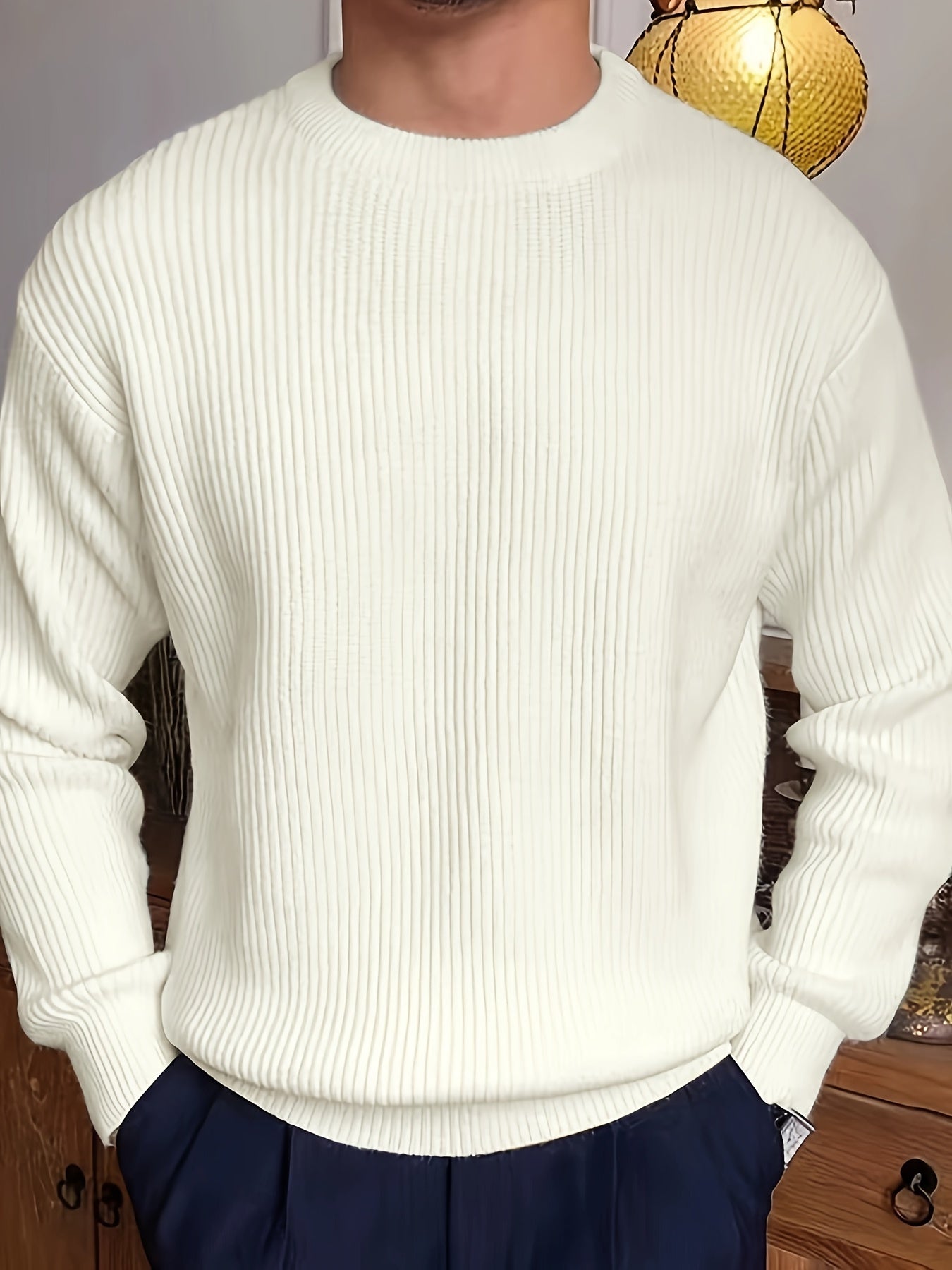 Foruwish - Warm Texture Knitted Sweater, Men's Casual Solid Color Slightly Stretch Round Neck Pullover Sweater For Fall Winter