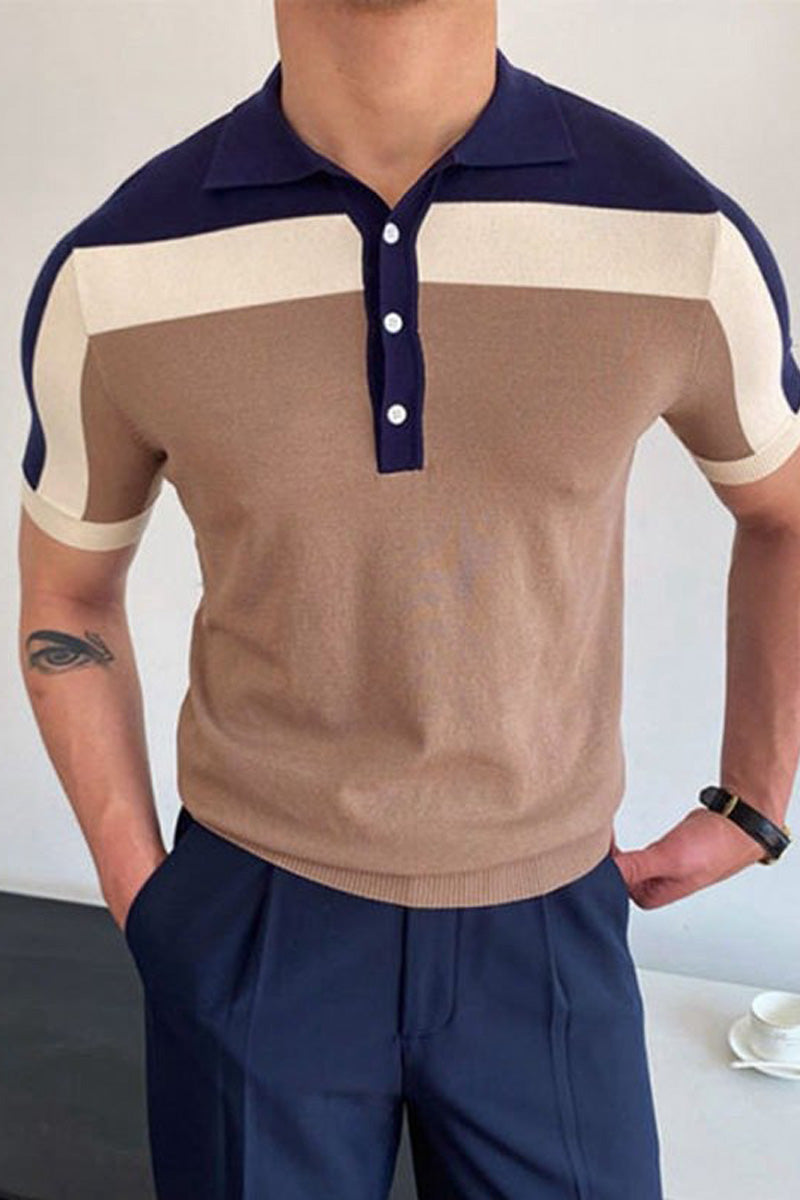 Foruwish - Fashion Contrast Colors Short Sleeve Knitted Polo Shirt
