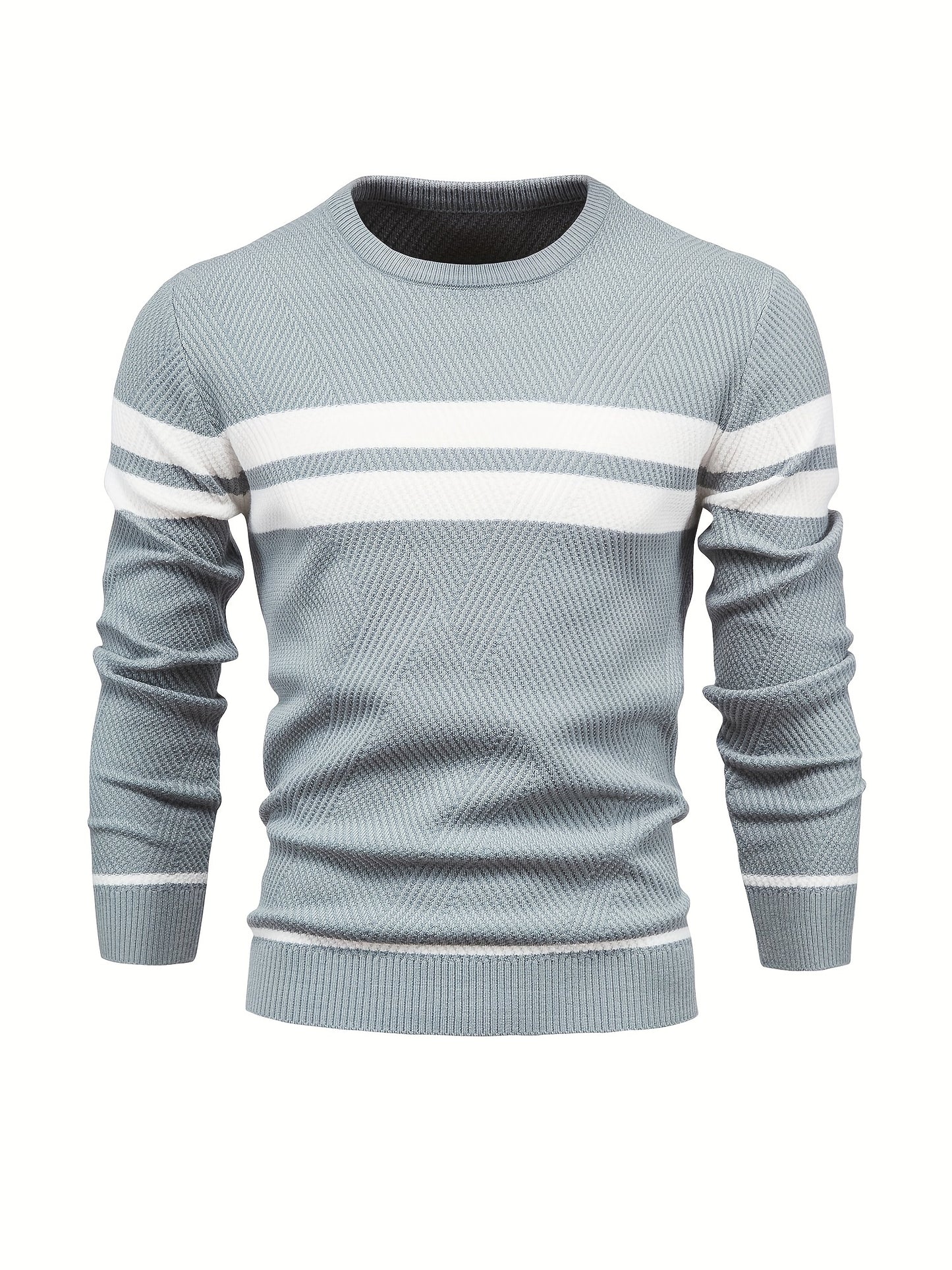 Foruwish - All Match Knitted Striped Pattern Sweater, Men's Casual Warm Slightly Stretch Crew Neck Pullover Sweater For Men Fall Winter