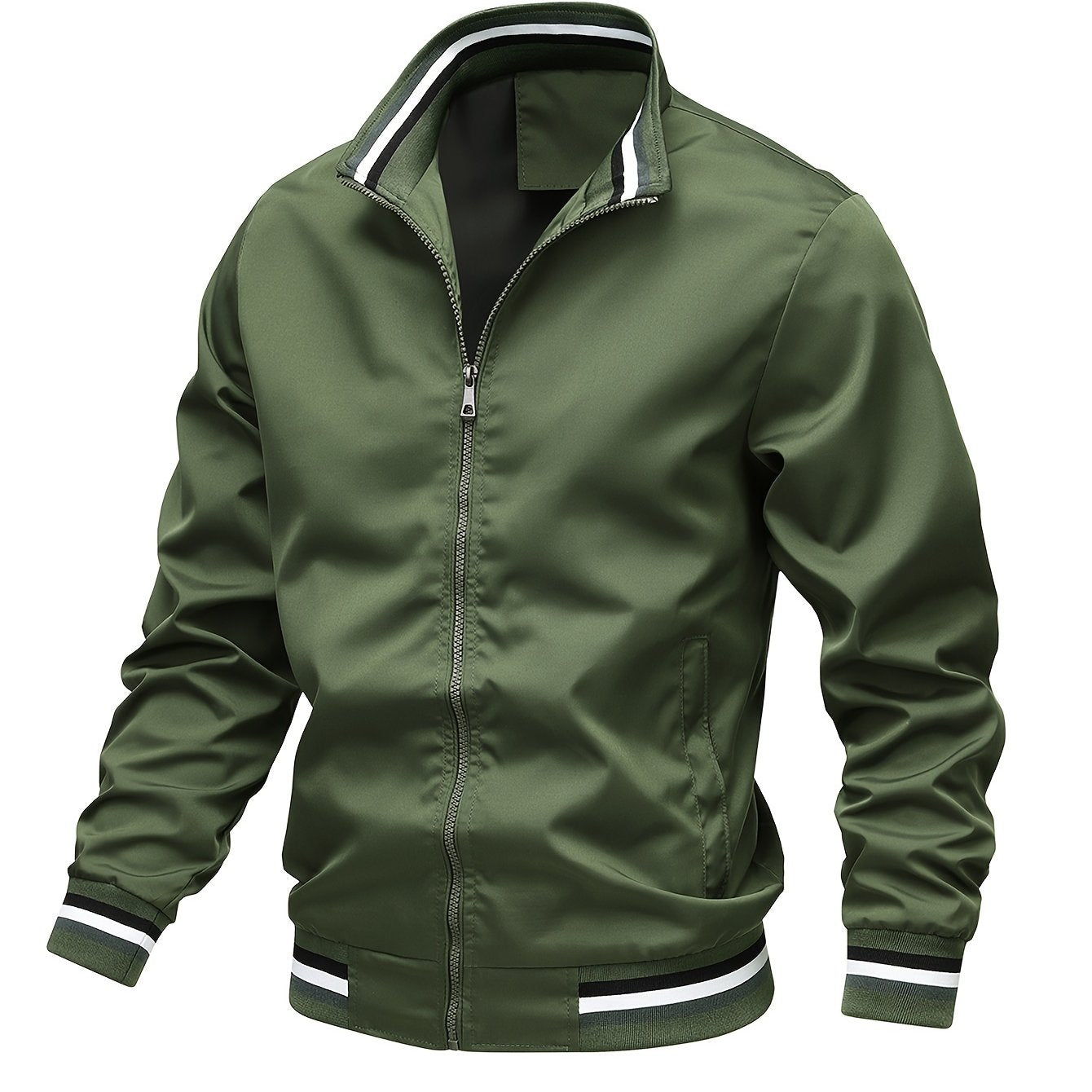 Foruwish - Stripe Edge Bomber Jacket, Men's Casual Stand Collar Zip Up Jacket For Spring Summer Outdoor