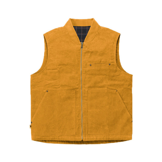 Foruwish - Men's  Rugged Yellow Brown Color Vest Cotton With Plaid Lining Big Pocket True To Size For Work Wear