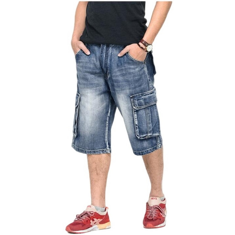 Men Loose Baggy Jeans Shorts Men Jeans Streetwear Long 3/4 Capri Cargo Shorts Pocket Bermuda Male Multi-Pocket Denim Shorts