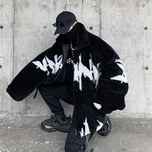 Winter New Lamb Wool Jacket Harajuku Fashion Casual Oversize Pattern Male Thicken Warm Parkas Hip Hop Loose Coat