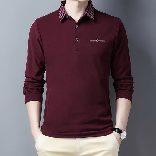 Wine Red Polo Shirt for Men Long Sleeve Autumn and Spring Collared Shirt Solid Casual Polo Shirt Korean Fashion Clothing