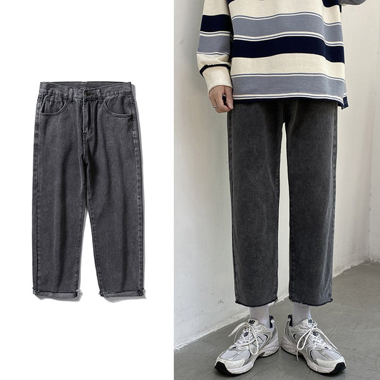 Men's Streetwear Smoky Gray Baggy Jeans Autumn New Korean Fashion Straight Denim Cropped Trousers Wide Leg Pants Male