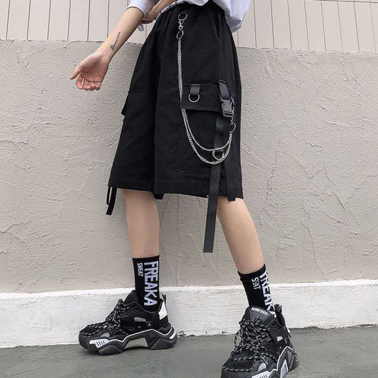 Summer Women Cargo Shorts Female Loose Straight Casual Short Pants Fashion Elastic Waist Handsome Black Knee Length Shorts