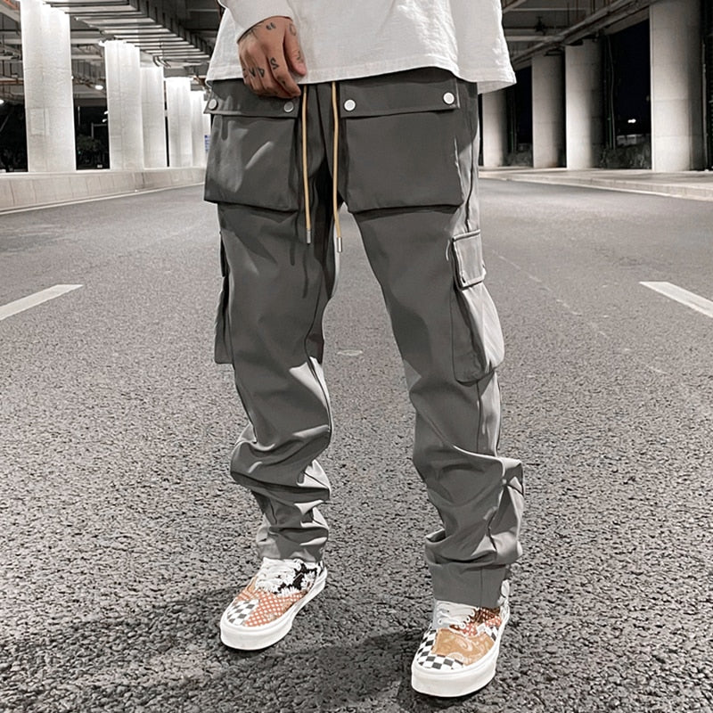 Multi-pocket Casual Trousers for Men and Women Side Breasted Drawstring Cargo Pants Harajuku Solid Loose Pants