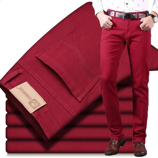 Spring and summer men's wine red jeans fashion casual boutique business casual straight denim stretch trousers men's brand pants