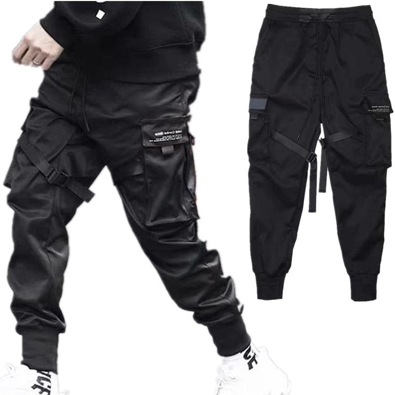 Hip Hop Boy Track Pants Elastic Waist Harem Pant Men Streetwear Punk Ribbons Design Trousers Male Black Pant Pockets Joggers