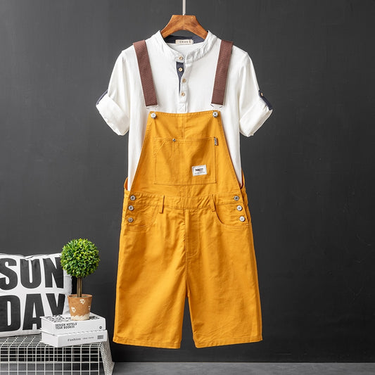 Summer Men Bib Pants Solid Color Casual Shorts Jumpsuits Streetwear Joggers Multi Pockets Fashion Suspenders Cargo Overalls