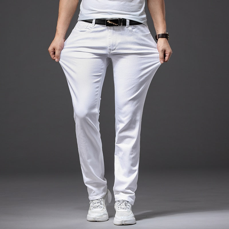 Spring New Men's Stretch White Jeans  Classic Style Slim Fit Soft Trousers Male Brand Business Casual Pants