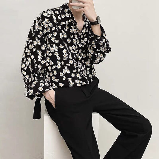 Harajuku Printed Shirts Men's Top spring Autumn Korean Fashion New Long-sleeved Daisy Casual Loose Vintage Youth Shirt Trend