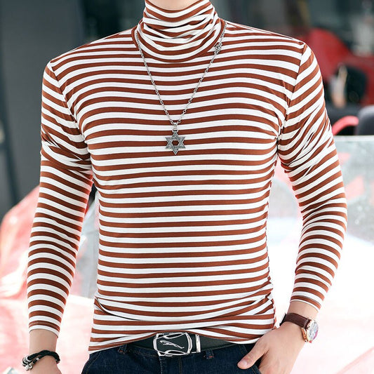 Autumn Winter Pure Cotton Long Sleeve T Shirt Men Striped Turtleneck Tops Tees Big Size Male Slim Fit T Shirt Homme F291