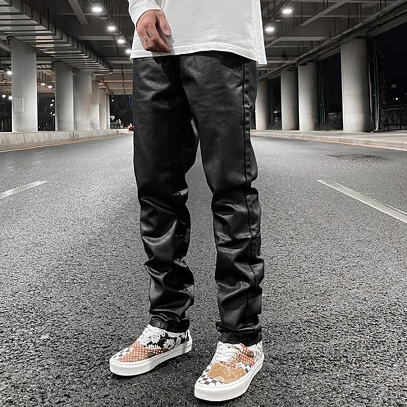 Black Jeans Men's Vibe Waxed Casual Trousers Straight Pockets Oversized Pencil Pants Loose Hip Hop Mens Pants