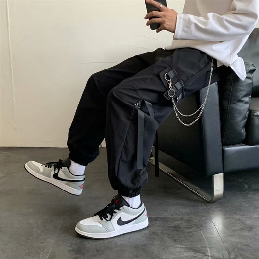 Men's Side Pockets Cargo Harem Pants New Ribbons Black Hip Hop Casual Male Joggers Trousers Fashion Casual Streetwear Pants