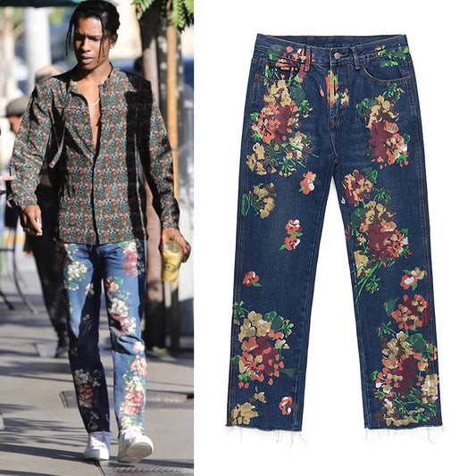 Hand Painted Floral Jeans Mens Straight Oversized Retro Casual Denim Pants Loose Washed Ripped Jean Trousers