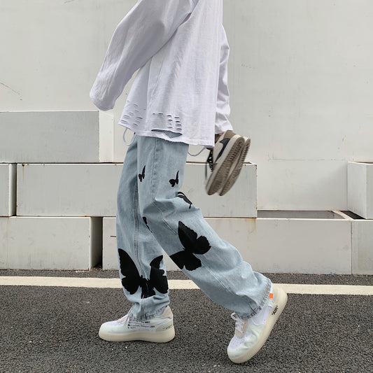 Autumn Butterfly Print Jean Pants Men Baggy Casual Jeans Denim Pants Fashion Streetwear Straight Trousers Couple Clothing