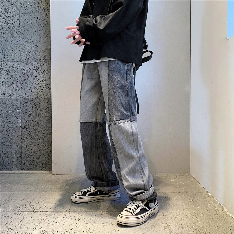 Korean Style Fashion Men's Denim Wide-leg Pants 2023 New Autumn Loose Straight-leg Jeans Paneled Denim Trousers Male