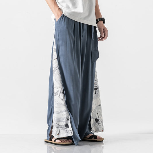 Cotton Linen Wide Leg Pants Mens Chinese Style Patchwork Vintage Man Leisure Trousers  Summer Harem Pants Male Fashion Pants