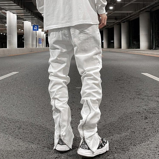 Back Zipper Hole Ripped White Jeans Pants Mens Straight Washed Retro Oversized Streetwear Casual Denim Trousers