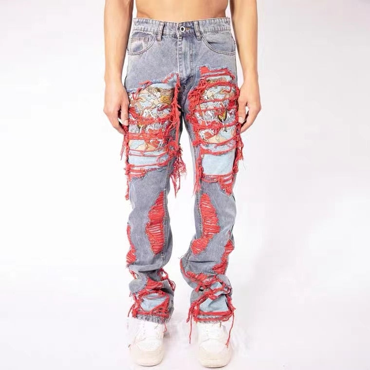 High Street Hip Hop Destroy Brushed Embroidered Baggy Jeans Casual Straight Leg Denim Pants Man Women