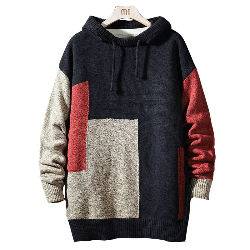 New Knitted Hooded Pullovers Men Patchwork Casual Sweater Mens Streetwear Fashion Hooded Sweaters Men Pullovers Plus Size M-5XL