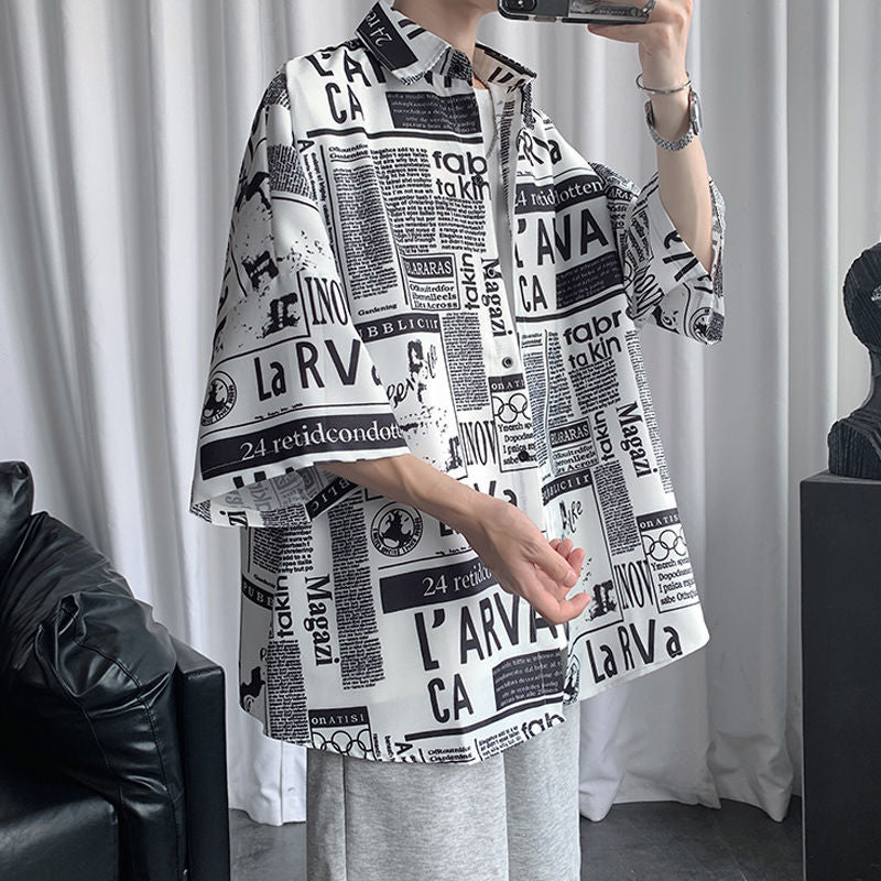 Newspaper Print Shirt Men's Japanese Loose Half Sleeve Blouses Summer Casual Stand Collar Tops For Teen Boys