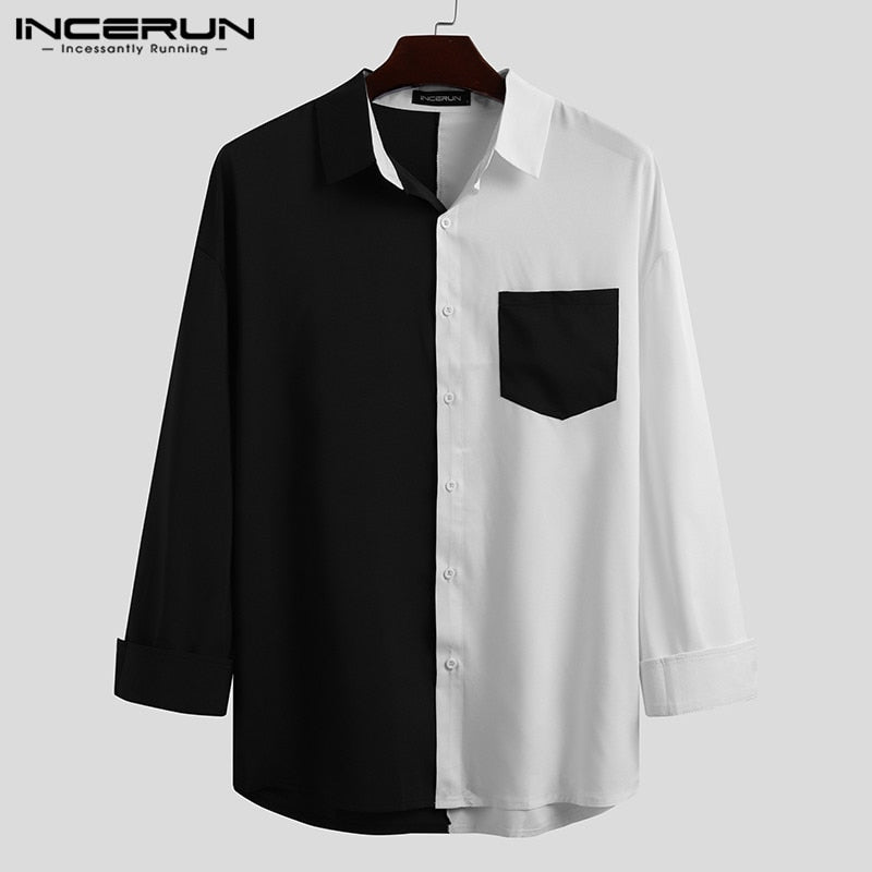 Men Shirt Brand Patchwork Long Sleeve Lapel Button Camisa Masculina 2023 Streetwear Fashion Korean Casual Shirts Tops