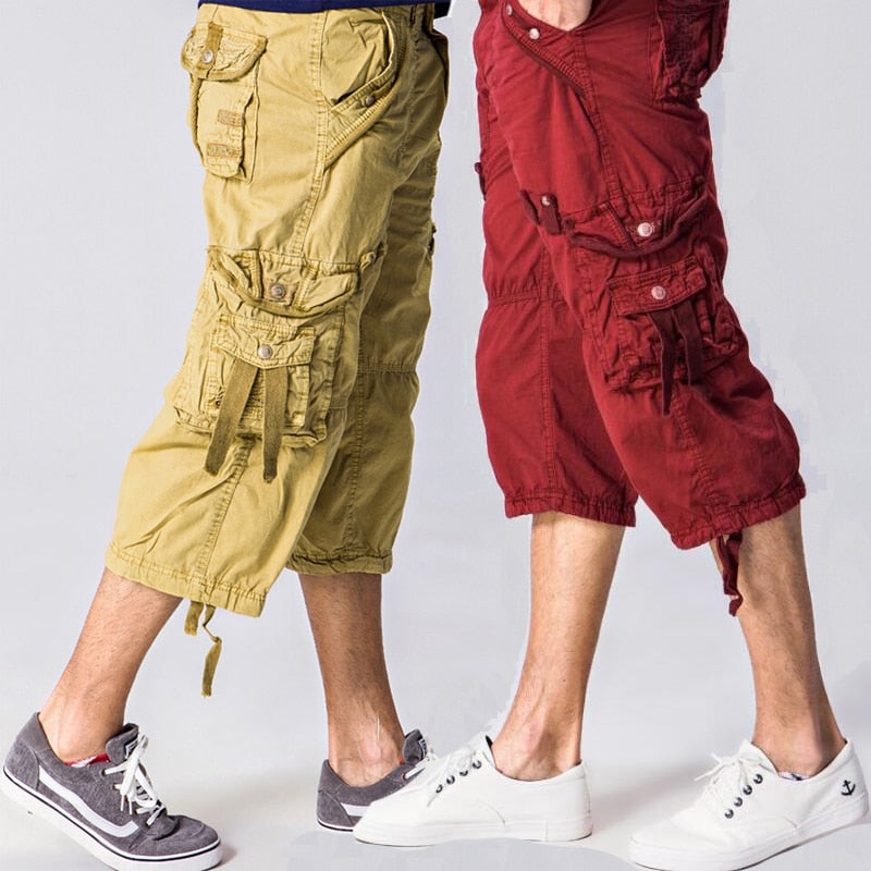 42 40 Plus Size Fashion Multi Pocket Cotton Loose Capri-Pants-Men Long Cargo Shorts Baggy 3/4 Pant Red Khaki  Olive Green Grey