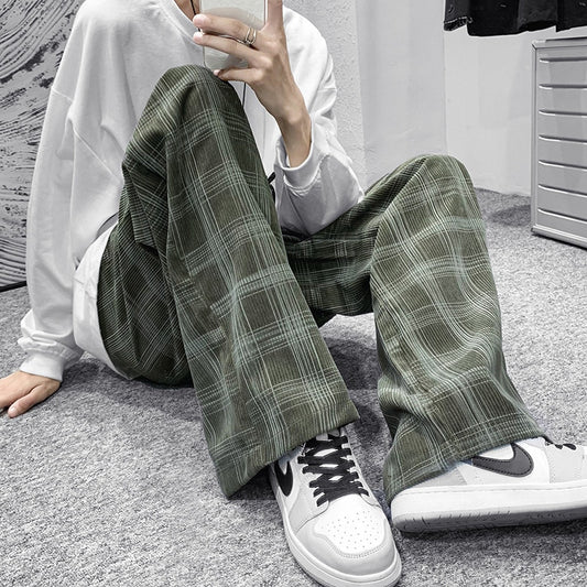 mens joggers pants men's spring and autumn chic Hong Kong style green plaid pants straight tube loose Vintage pants