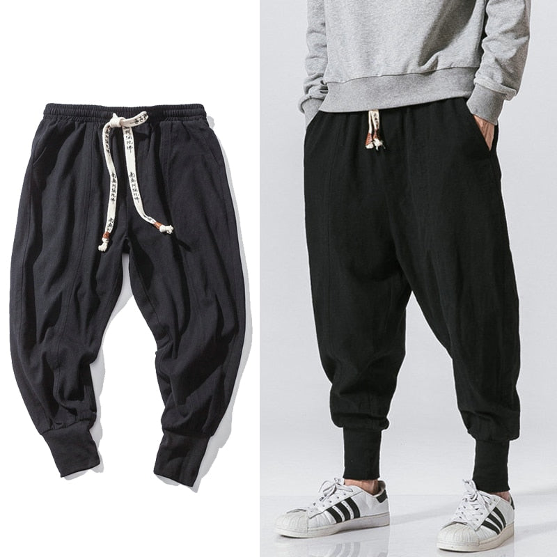 Chinese Style Harem Pants Men Streetwear Casual Joggers Mens Pants Cotton Linen Sweatpants Ankle-length Men Trousers M-5XL