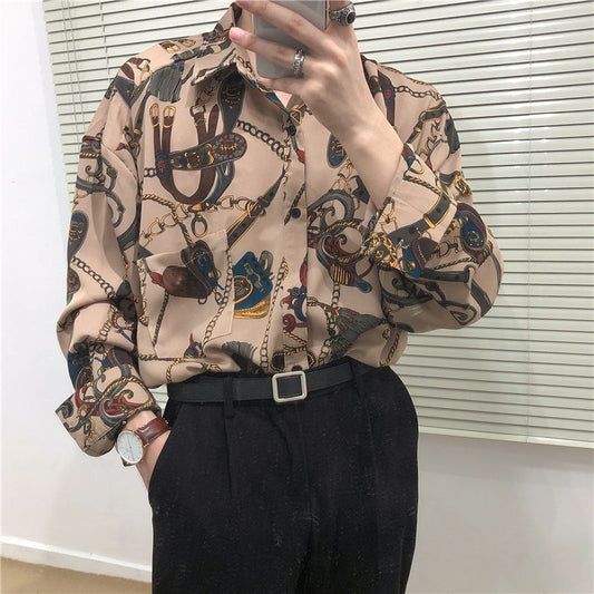 2023 New Beach Hawaiian Shirt for Men Long Sleeve Casual Loose Harajuku Floral Print Blouse Button Up Mens Shirts Streetwear