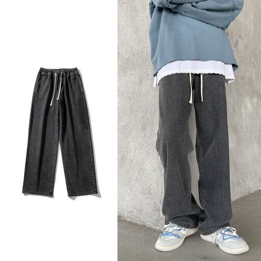 Spring New Streetwear Baggy Jeans Men Korean Fashion Elastic Waist Loose Straight-leg Denim Wide-leg Pants Male Black