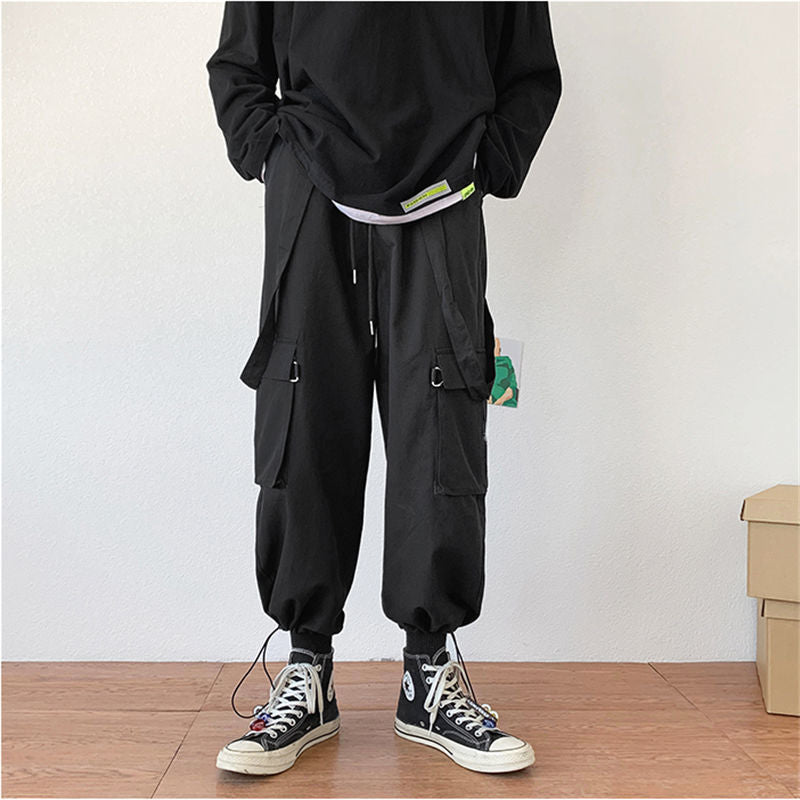 Cargo Pants Men Korean Trendy Loose Maxi Black Overalls Safari Style Elastic Waist Pants With Pocket