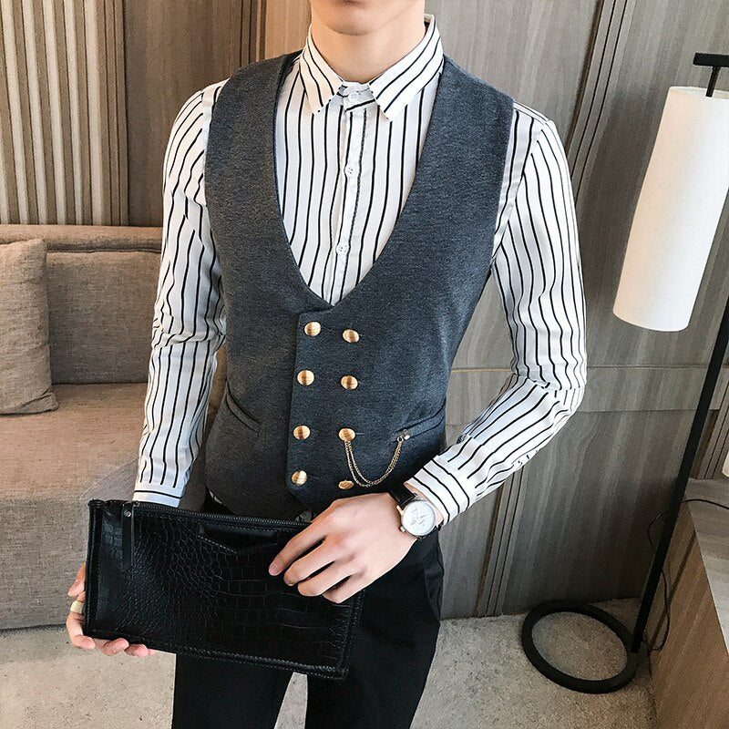 Dress vest men wedding suit vests double-breasted fashion classic wait coat for men business casual barber work vest male