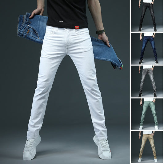 New Men's Skinny White Jeans Fashion Casual Elastic Cotton Slim Denim Pants Male Brand Clothing Black Gray Khaki