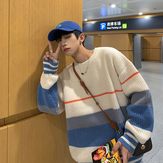 Striped sweater men's autumn and winter fashion brand loose color matching sweater coat versatile lazy wind thickened round neck