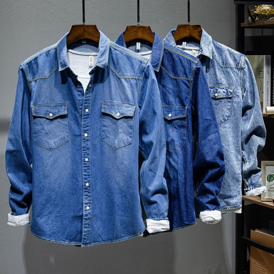 Japanese Korean Trend Long-sleeved Retro Denim Shirt Men's Fashion Casual All-match Jean Shirt Jacket Male High-end Brand Tops