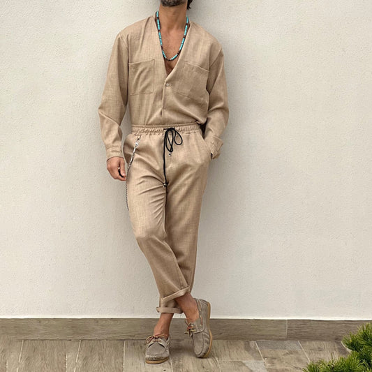 2023 Casual Cotton and Linen Suit Men's Casual Summer Vacation Solid Color Short-sleeved Shirt Straight Trousers Two-piece Set