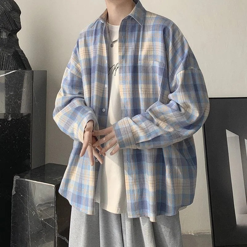 Spring Autumn Men's Casual Loose Versatile Tops Coat Cool Boys Solid Vertical Soft Breathable Plaid Long Sleeve T-Shirt