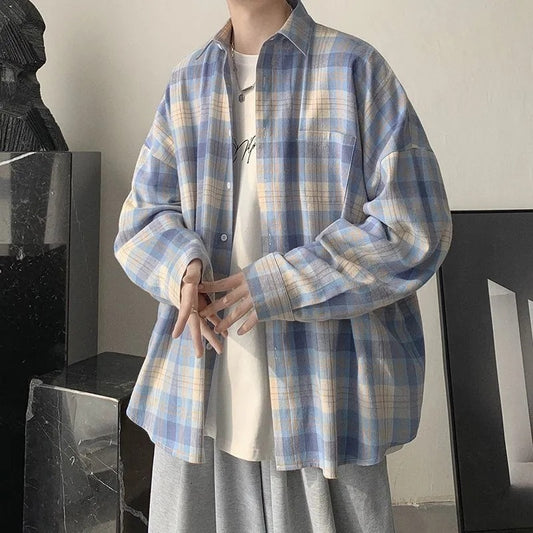 Spring Autumn Men's Casual Loose Versatile Tops Coat Cool Boys Solid Vertical Soft Breathable Plaid Long Sleeve T-Shirt