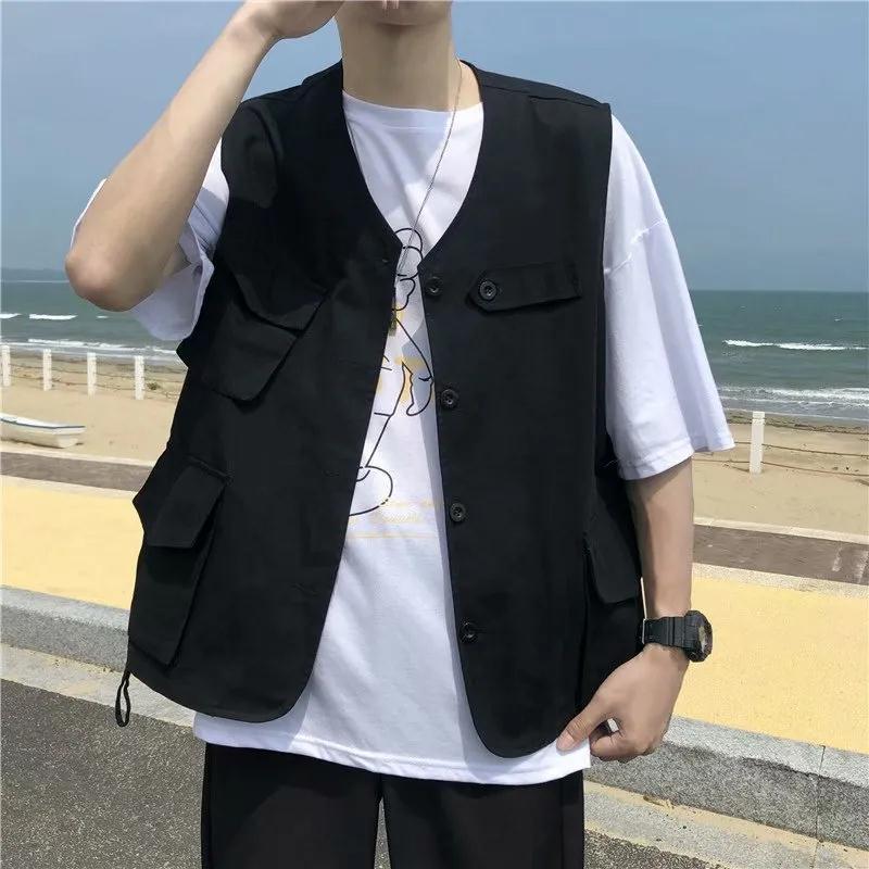 2023 Summer Fashion Men Solid  Cool Boy Casual Loose Tess Button Vest Jacket Pocket Sleeveless Versatile Working Suit Pocke