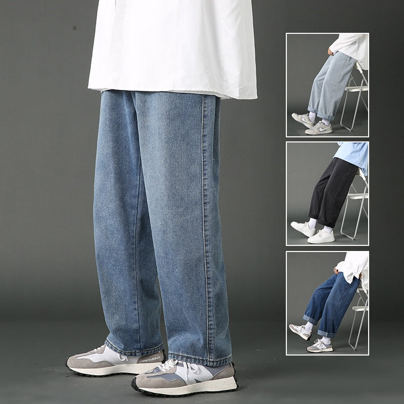 2023 New Street Casual Baggy Jeans Men's Korean Fashion Hip Hop Straight Wide Leg  Trousers Couple Denim Pants Black Light Blue