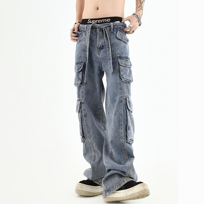 Vintage Cargo Jeans Men Denim Trousers Male Distressed Vintage Pants Streetwear Hip Hop Pocket Safari Style Casual