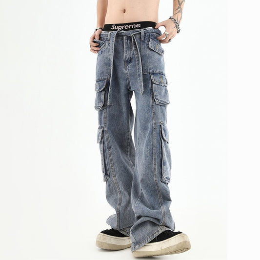 Vintage Cargo Jeans Men Denim Trousers Male Distressed Vintage Pants Streetwear Hip Hop Pocket Safari Style Casual