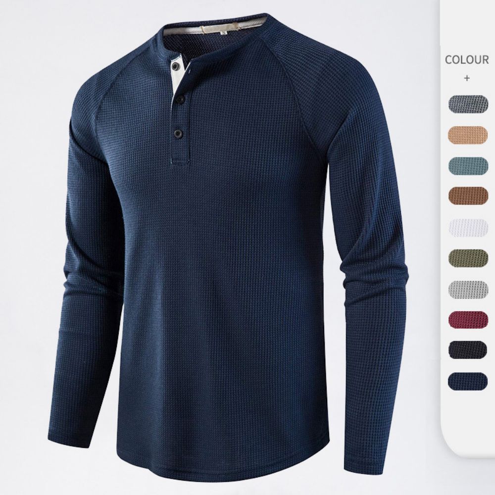 Men's Grey Waffle Mens Henley Shirt Casual Solid Breathable High Quality Shirts Regular Fit Long Sleeve Basic Tops Tees Homme