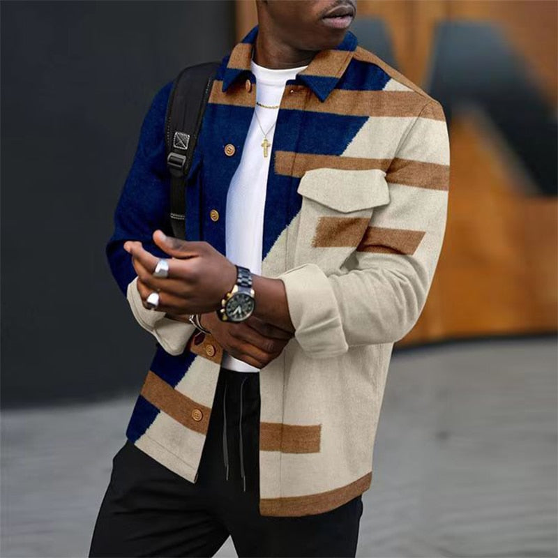 Vintage Geometric Striped Mens Jackets 2023 Spring Fashion Loose Lapel Coats Outerwear Winter Long Sleeve Button-down Men Jacket